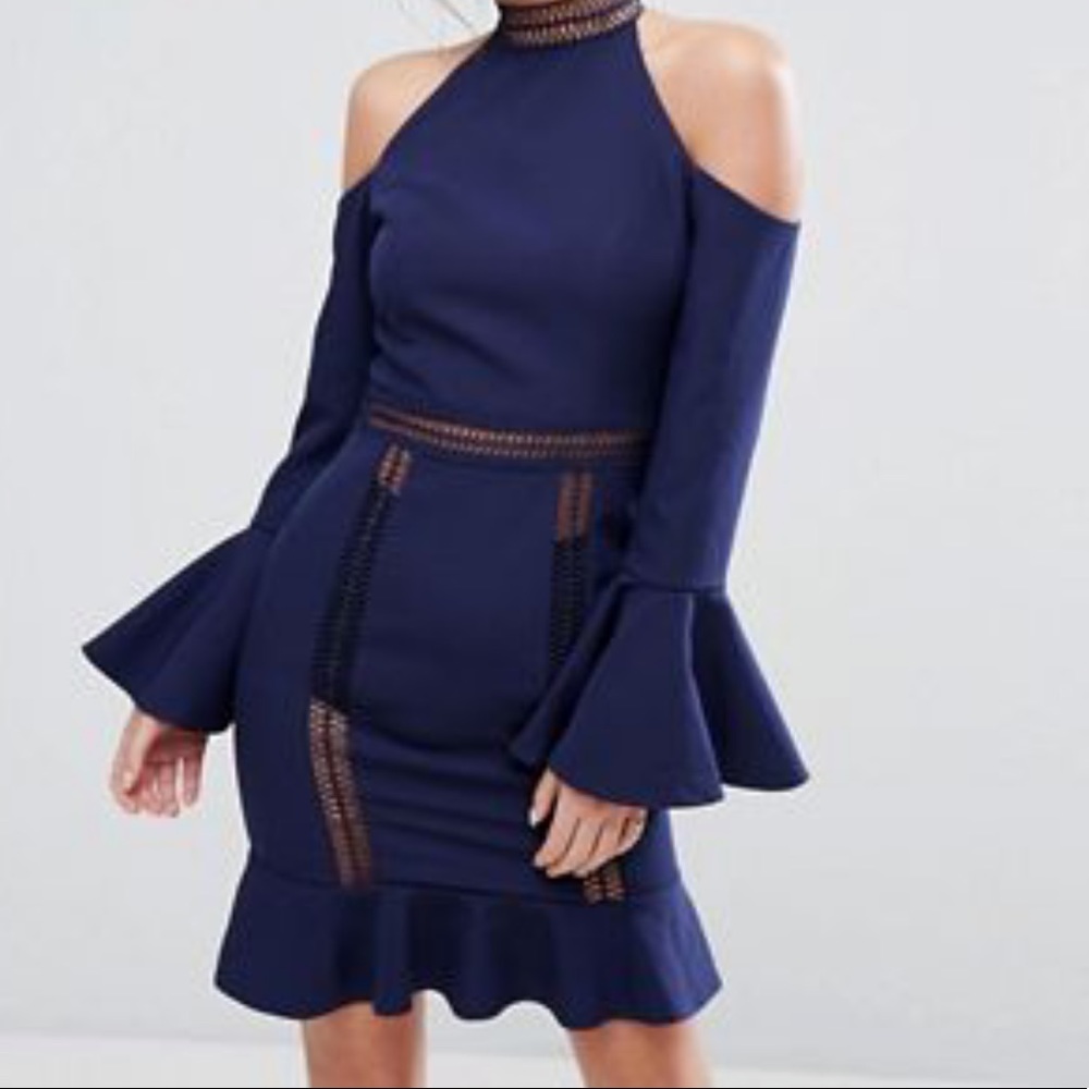 High Neck Cold Shoulder Dress with Frill Sleeves